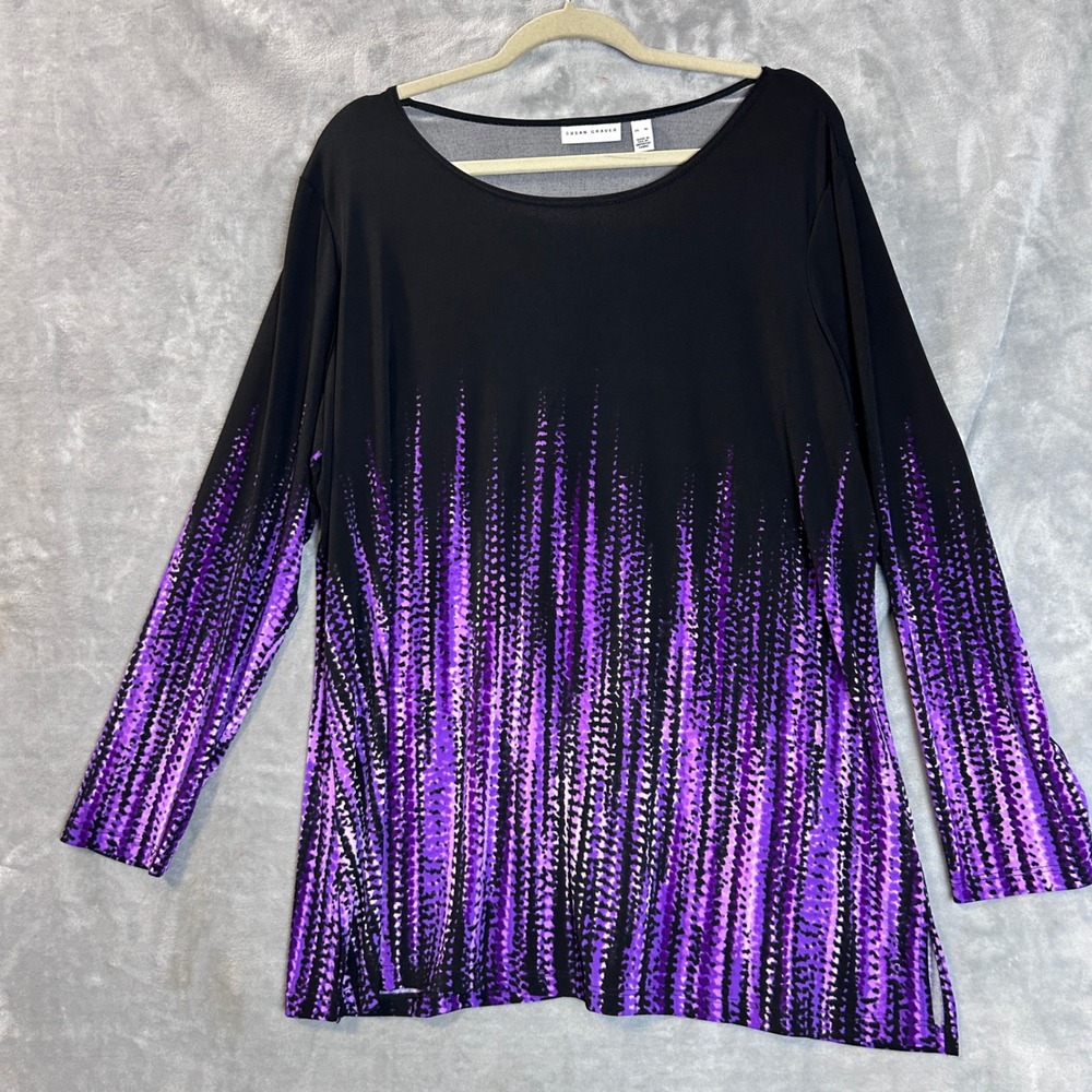 Susan Graver Tunic Top Liquid Knit XL Black Purple Abstract Drip Long Sleeve - Picture 9 of 10